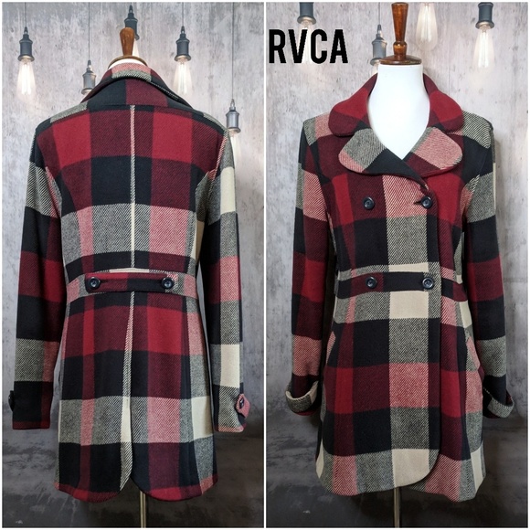 RVCA Jackets & Blazers - RVCA Maroon Plaid Pea Coat - Wool blend 🐑